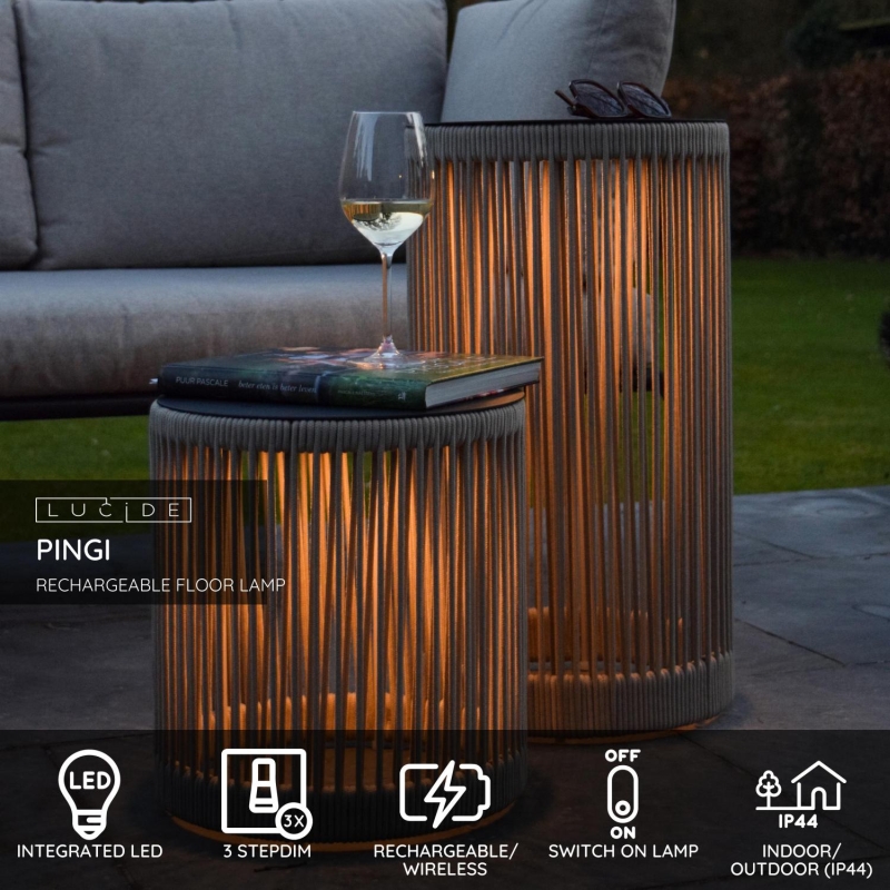 Lucide PINGI - Dobíjacia stojanová lampa Vnútorné/Vonkajšie - Batéria/batérie - Rozm. - 1x3W 2800K/3200K - IP44 - Taupe